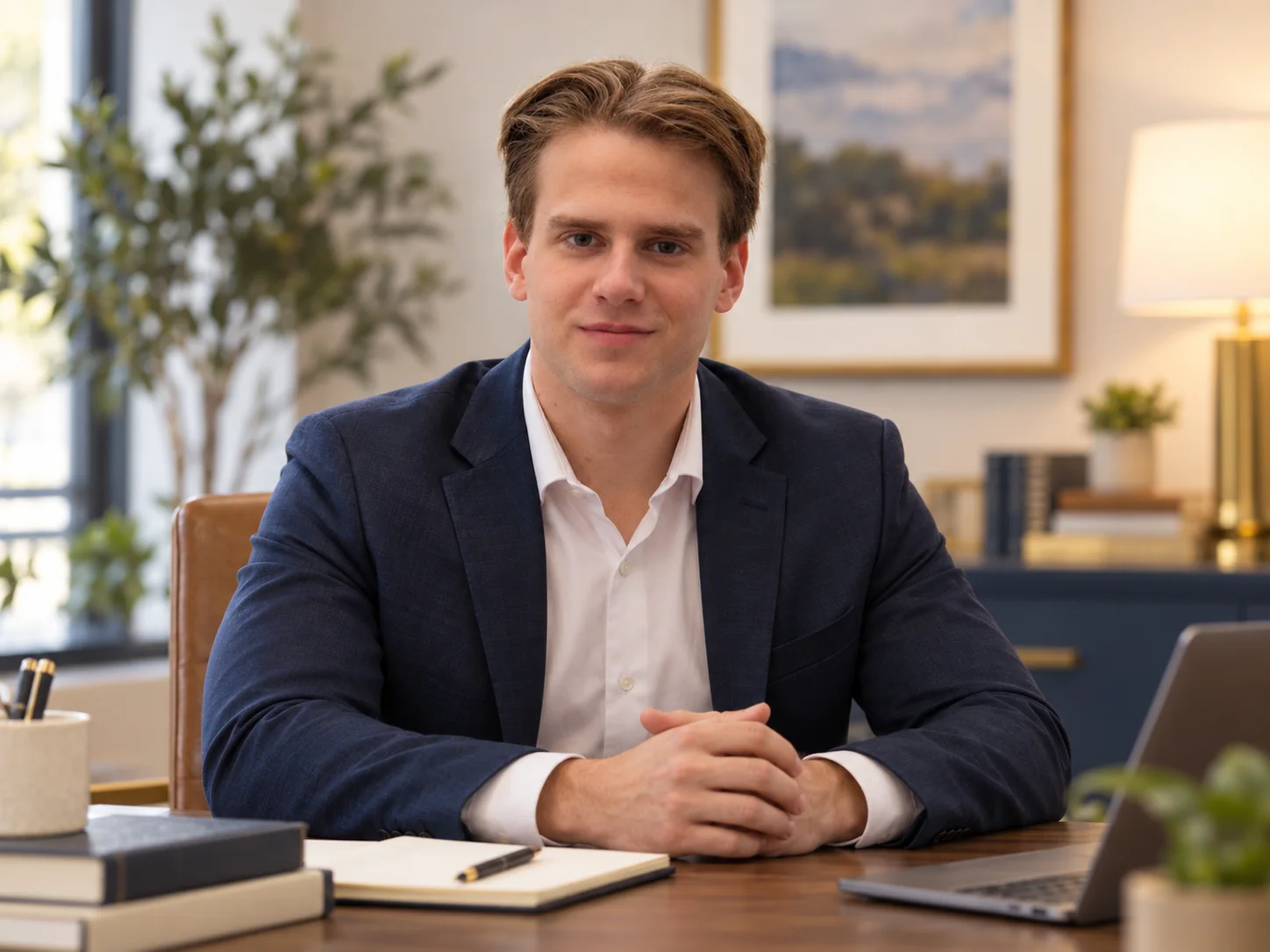 Levi Samborski seated in a professional office